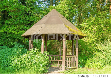 Image of a hiker's shelter in a forest path in summer 82943461