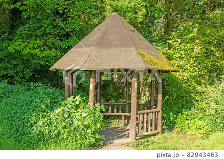 Image of a hiker's shelter in a forest path in summer Image of a hiker's shelter in a forest path in summer 82943463