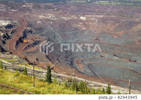 Concept of mineral development - huge operating mine for extraction of iron ore, top view Concept of mineral development - huge operating mine for extraction of iron ore, top view 82943945