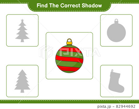 Find the correct shadow. Find and match the correct shadow of Christmas Ball. Educational children game, printable worksheet, vector illustration 82944692