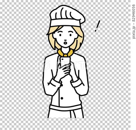 立ってスマートフォンを操作して何かに気づいて驚いた調理師の女性 立ってスマートフォンを操作して何かに気づいて驚いた調理師の女性 82946056