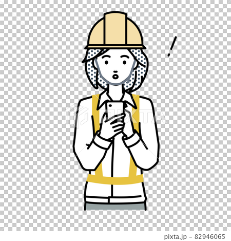 立ってスマートフォンを操作して何かに気づいて驚いた工事現場の女性 立ってスマートフォンを操作して何かに気づいて驚いた工事現場の女性 82946065
