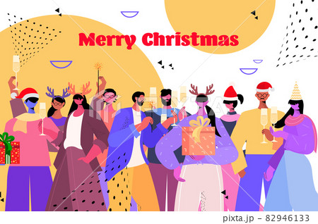 people in santa hats holding gifts mix race businesspeople celebrating 2022 new year and christmas holidays concept 82946133