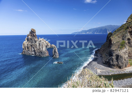View over the stony beach of Sao Vicente on the Portugese island of Madeira in summer View over the stony beach of Sao Vicente on the Portugese island of Madeira in summer 82947121