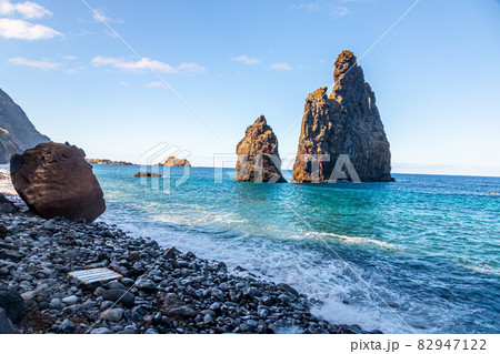 View over the stony beach of Sao Vicente on the Portugese island of Madeira in summer View over the stony beach of Sao Vicente on the Portugese island of Madeira in summer 82947122