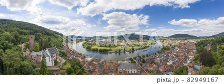 Aerial drone panoramic picture of the medieval city of Miltenberg in Germany during daytime Aerial drone panoramic picture of the medieval city of Miltenberg in Germany during daytime 82949167