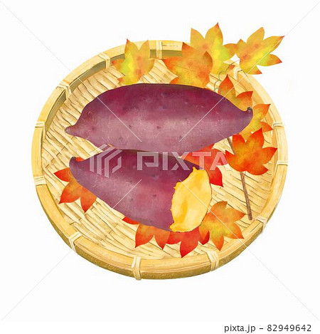 籠に入った上から見た秋の味覚焼き芋の白バックベクターイラスト素材 82949642