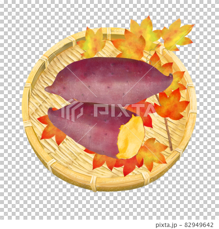 籠に入った上から見た秋の味覚焼き芋の白バックベクターイラスト素材 82949642