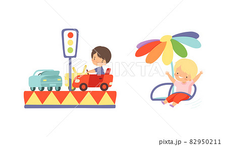 Cute Little Kid Riding Carousel in Amusement Park Vector Set 82950211