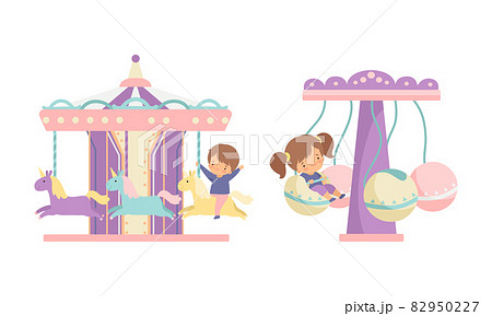 Cute Little Kid Riding Carousel in Amusement Park Vector Set 82950227