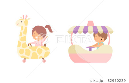 Cute Little Kid Riding Carousel in Amusement Park Vector Set 82950229