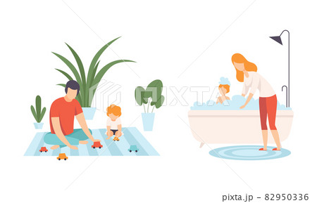 Happy Family with Man and Woman Parent with Kid Spending Good Time Together Playing Toy Car and Bathing in Bathtub Vector Set 82950336
