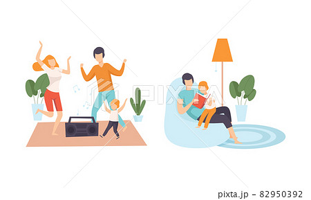 Happy Family with Man and Woman Parent with Kid Spending Good Time Together Dancing to Music and Reading Book Vector Set Happy Family with Man and Woman Parent with Kid Spending Good Time Together Dancing to Music and Reading Book Vector Set 82950392