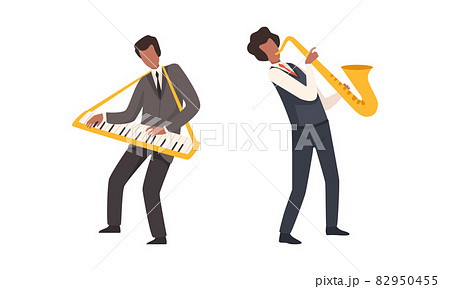 Man Musician Character Performing Music Playing Saxophone and Keyboard Vector Set 82950455