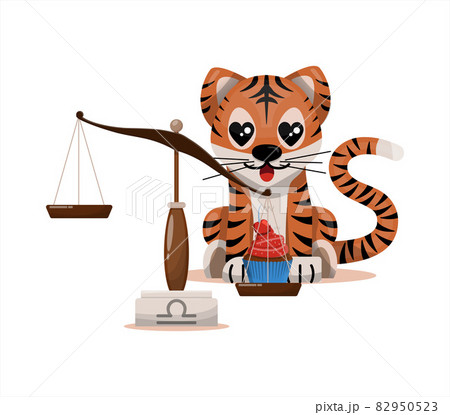 Tiger cub with libra zodiac sign Astrological sign icon Vector cartoon illustration Horoscope and Eastern New Year. Tiger cub with libra zodiac sign Astrological sign icon Vector cartoon illustration Horoscope and Eastern New Year. 82950523