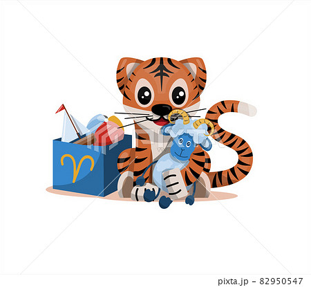 Tiger cub with aries zodiac sign Astrological sign icon Vector cartoon illustration Horoscope and Eastern New Year. 82950547