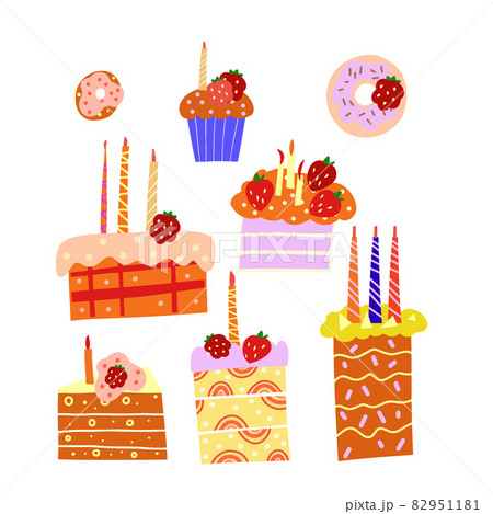 Sweets and dessert hand drawn vector illustration in bright boho colors. Isolated vector design for web and print.  82951181