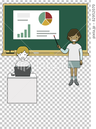 黒板で発表資料を説明する子供達のイラストのイラスト素材 9570