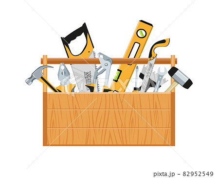 Toolbox with hand tools inside. Workbox with instruments. Building tools. Instruments for renovation. Work tools. Vector graphics to design. 82952549