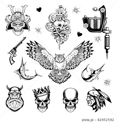 Tattoo art. Black and white tattoo. Drawing on the body. Hand drawn Tattoo set. Vector graphics to design 82952592