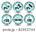 Concept sign set of round icons Sugar Free meal, Sweetener Free food, No Sugar Added product. Low, medium, high glycemic index diet for packaging of healthy non-sweet food and drinks without sugar 82952743