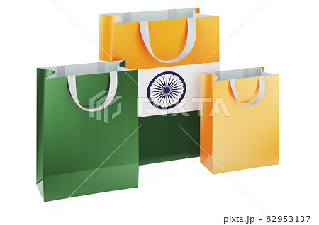 Shopping bags with Indian flag. Shopping in India, concept. 3D rendering Shopping bags with Indian flag. Shopping in India, concept. 3D rendering 82953137