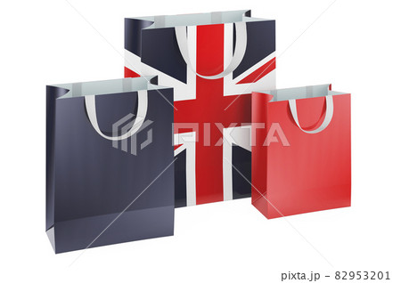 Shopping bags with British flag. Shopping in the Great Britain, concept. 3D rendering 82953201