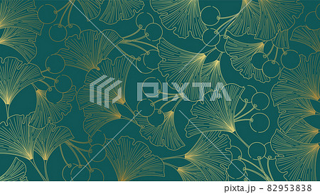 Luxury elegant lineart background golden leaves and ginko berries on an emerald green background. Luxury elegant lineart background golden leaves and ginko berries on an emerald green background. 82953838