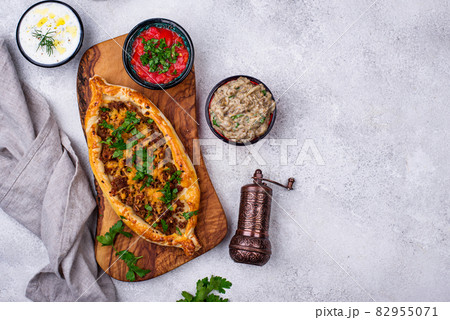 Traditional Turkish pide with meat 82955071