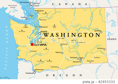 Washington, WA, political map with the capital Olympia. State in the Pacific Northwest region of the Western United States of America. State of Washington, with nickname The Evergreen State. Vector. 82955333