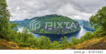 View over Geiranger fjord and Seven Sisters waterfall from Ornesvingen-Eagle view point in summer 82955662