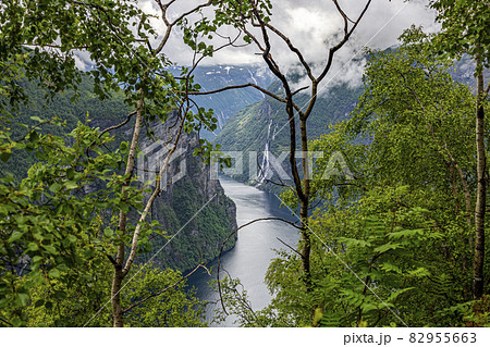 View over Geiranger fjord and Seven Sisters waterfall from Ornesvingen-Eagle view point in summer 82955663