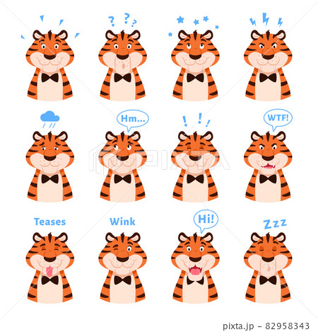 Cartoon cute tigers portraits collection with facial expressions. Happy striped emotional wildcats isolated on white background. Flat adorable animal head with emotion. Kids design illustration Cartoon cute tigers portraits collection with facial expressions. Happy striped emotional wildcats isolated on white background. Flat adorable animal head with emotion. Kids design illustration 82958343