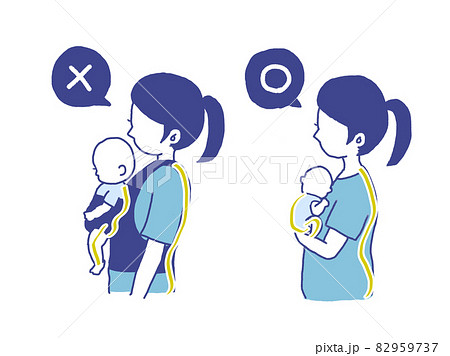 赤ちゃんを抱くときの正しい姿勢と間違っている姿勢のイラスト素材