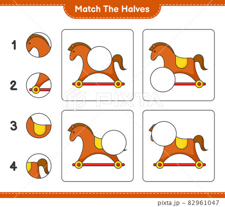 Match the halves. Match halves of Rocking Horse. Educational children game, printable worksheet, vector illustration Match the halves. Match halves of Rocking Horse. Educational children game, printable worksheet, vector illustration 82961047