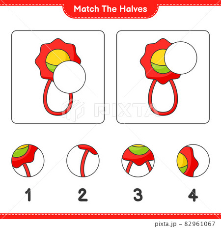 Match the halves. Match halves of Baby Rattle. Educational children game, printable worksheet, vector illustration 82961067