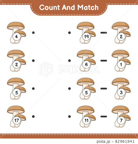 Count and match, count the number of Shiitake and match with the right numbers. Educational children game, printable worksheet, vector illustration 82961941
