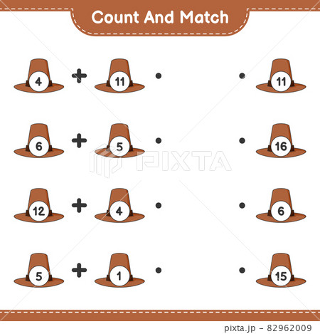Count and match, count the number of Hat and match with the right numbers. Educational children game, printable worksheet, vector illustration 82962009