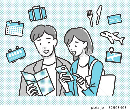 旅行や観光のアイコンと旅行先でスマホやパンフレットを見る夫婦 カップル のベクターイラスト素材 観光のイラスト素材