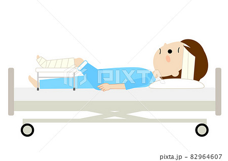 怪我や骨折をして入院し不安な様子の男性のイラスト素材