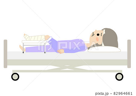 怪我や骨折をして入院し不安な様子の高齢女性のイラスト素材