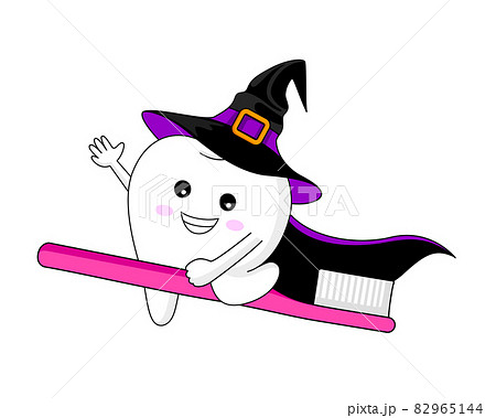 Cartoon tooth character of witch with toothbrush.  82965144
