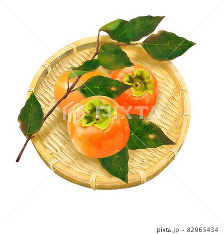 籠に入った美味しそうな熟れた柿と葉の盛り合わせ秋の味覚白バックベクターイラスト素材 82965434