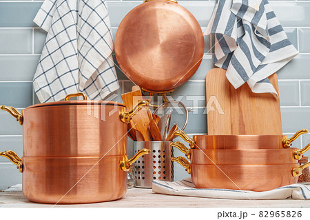 Modern kitchen details with copper kitchenware close up Modern kitchen details with copper kitchenware close up 82965826