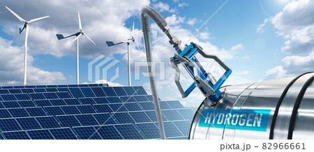 Hydrogen gas station with solar panels and wind turbines on the background Hydrogen gas station with solar panels and wind turbines on the background 82966661