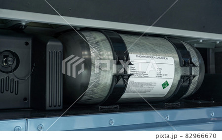 Bus with an open hood and a hydrogen cylinder Bus with an open hood and a hydrogen cylinder 82966670