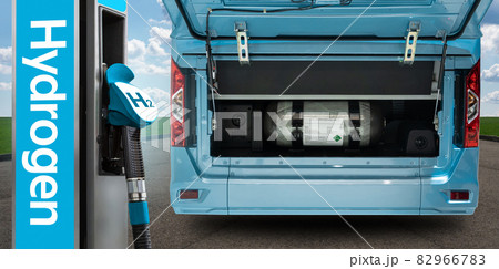 Hydrogen gas station and bus with an open hood and a hydrogen cylinder inside Hydrogen gas station and bus with an open hood and a hydrogen cylinder inside 82966783