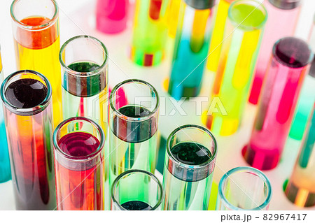 Still life in laboratory. Test tubes with colorful chemicals Still life in laboratory. Test tubes with colorful chemicals 82967417