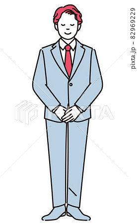 両手を組んで丁寧に立つビジネスマンのシンプルな全身イラストのイラスト素材