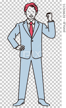A simple full-body illustration of a businessman doing a guts pose 82969231